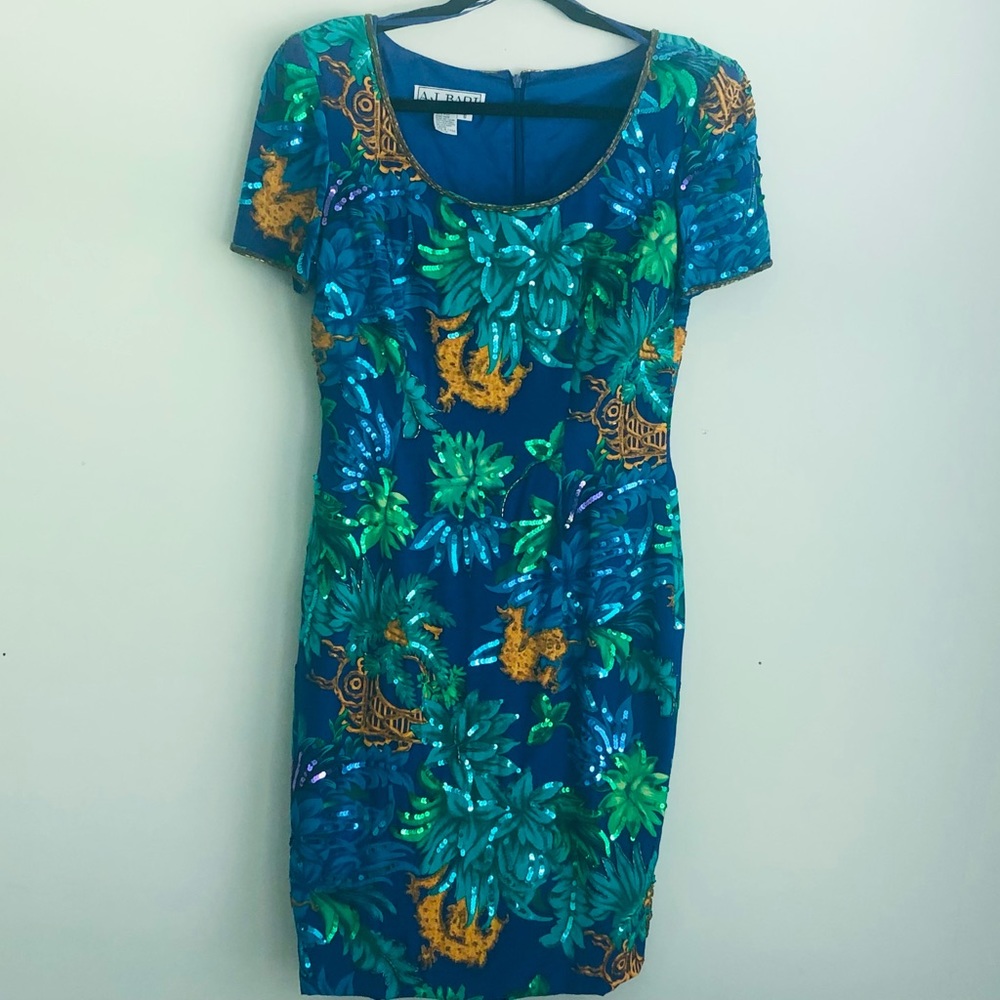 Beautiful blue, green and gold 100% silk dress.
